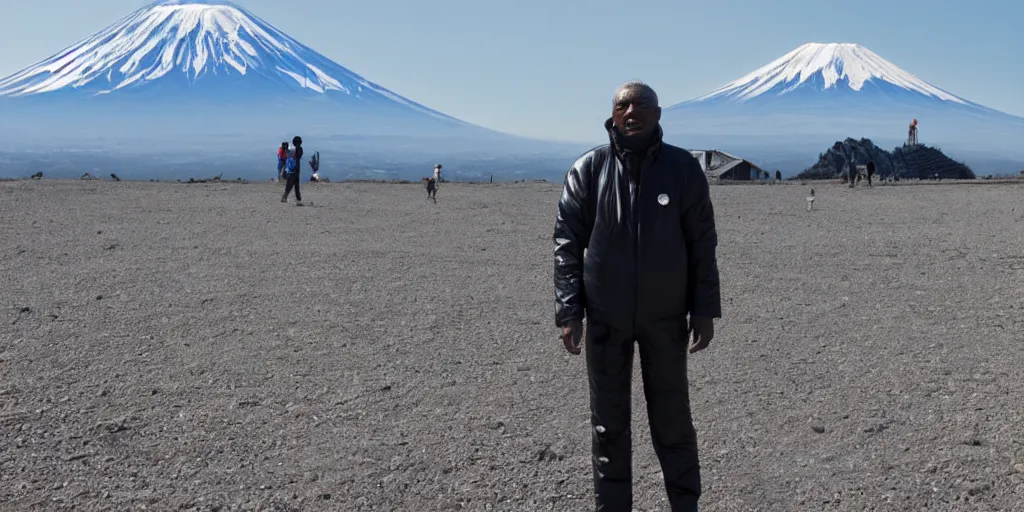 Image similar to old black man, silver metallic moncler jacket, mt fuji in background,