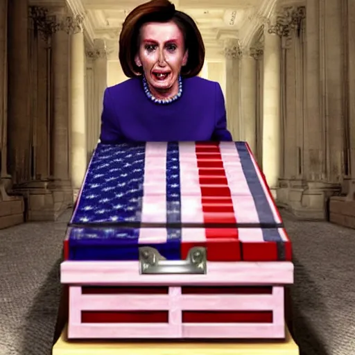 Prompt: demonic nancy pelosi in a coffin