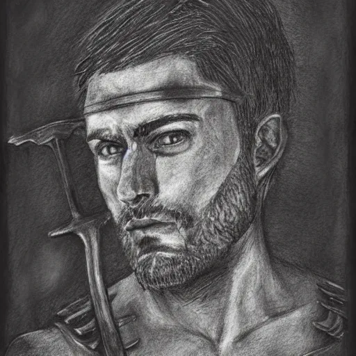 Image similar to self portrait, handsome man with battle scar on his chest holding his sword on his shoulder, pencil art, detailed, handsome, colored, bloody