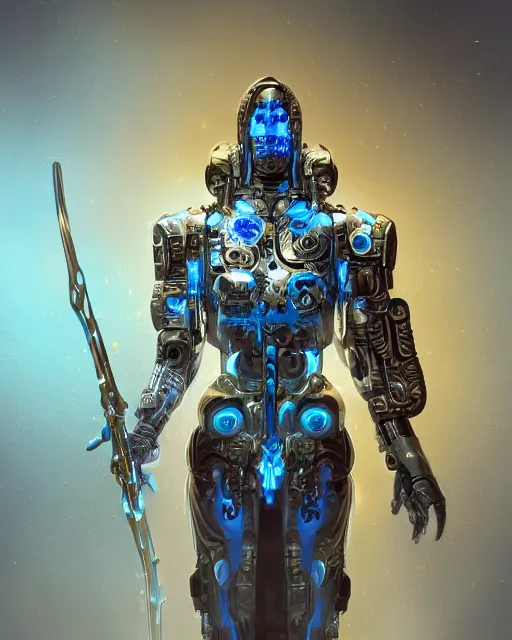 Image similar to cyborg necromancer, scifi, futuristic, helpful, kind, benevolent, intelligent, white, blue, gold, holding a staff, hospital room, highly detailed, trending on artstation, soft light, machine, advanced technology, art by vitaly bulgarov and nivanh chanthara