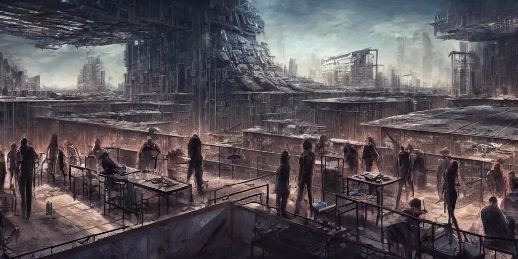 Prompt: an intricate concept art of a people on a rooftop bar in a megastructure city overviewing a desolate destroyed city, post-apocalyptic, sci-fi, cinematic lighting, hyper realistic, art by dylan cole, detailed matte painting, digital art, sci-fi film color palette