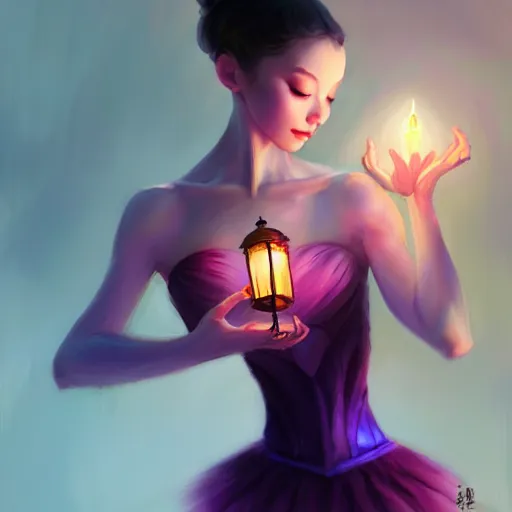 Prompt: a ballerina in purple holding a lantern, concept art by li fangying, artstation contest winner, fantasy art, dark and mysterious, artstation hd, concept art