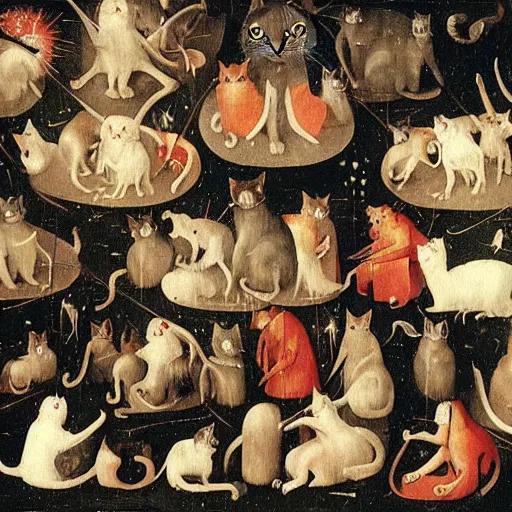 Image similar to hieronymus bosch, cats, thousand cats, 4k