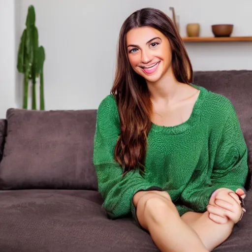 Image similar to a cute young woman smiling, long shiny bronze brown hair, full round face, emerald green eyes, medium skin tone, light cute freckles, smiling softly, wearing casual clothing, relaxing on a modern couch, interior lighting, cozy living room background, medium shot, mid-shot, soft focus