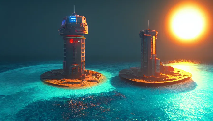 Image similar to a island in the middle of the ocean with a large cyberpunk tower on it, octane, redshift, volumetric lighting, reflections