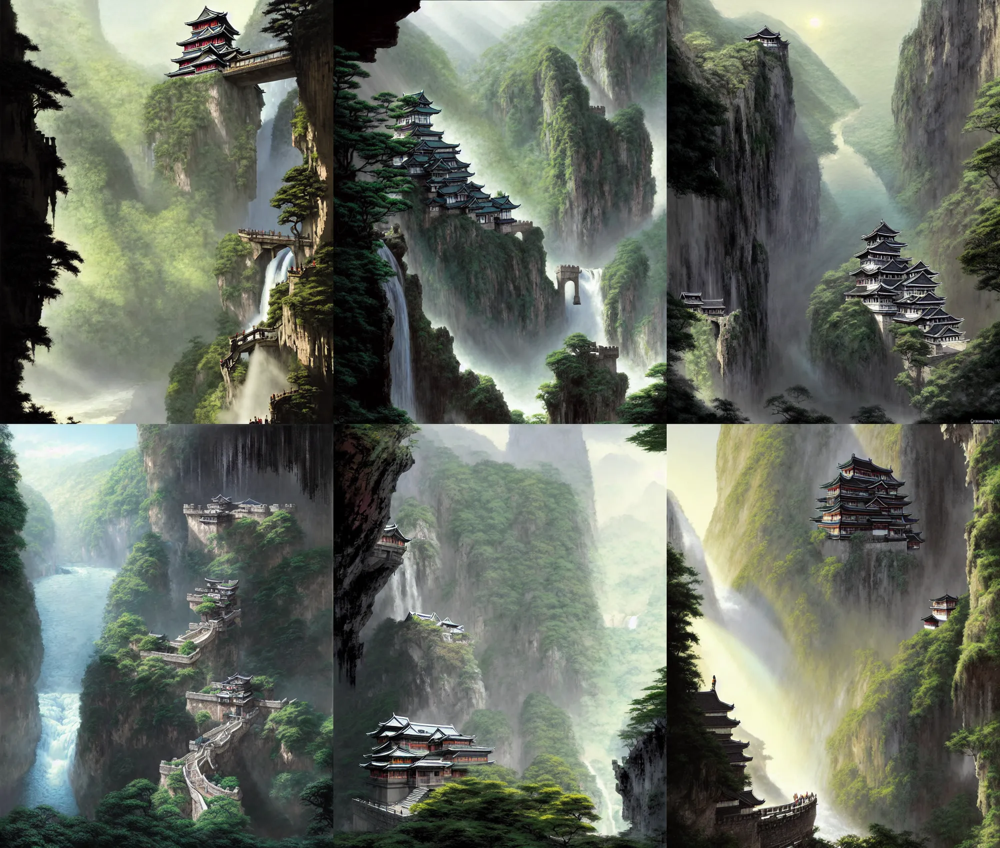 Prompt: establishing wide shot inside han son doong with waterfalls on either side of the cliff walls, at the top of the cliff is a japanese castle, a cloister is built into the cliff walls, an old suspension bridge spans the walls, sunny morning light, sunbeam, detailed digital concept art by greg rutkowski and gerald brom and james gurney