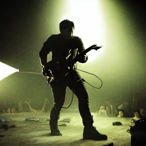 Image similar to gigantic Trent Reznor smashing guitars, group of people on stage playing instruments, elaborate stage effects, dust, smoke, giant LED screens, colored projections, ultrafine detail, cybersuit, glowing thin wires, smoke, high contrast, projections, holography, volumetric lighting