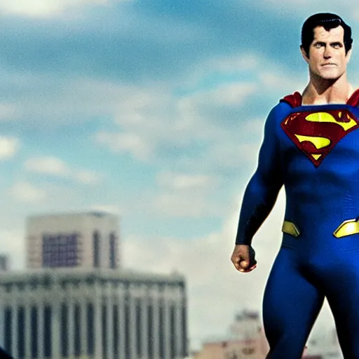 Image similar to Mel Gibson as superman, movie still, 4K, high quality