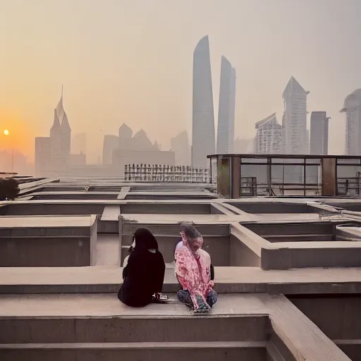 Image similar to a small rooftop with a couple of people sitting and watching the view, wearing black modern clothes, messy hair, modern shanghai bund in smog is on the background, sunset, pale colors, by gregory crewdson