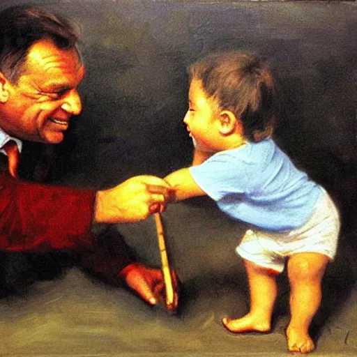 Prompt: viktor orban playing with a small child, oil painting