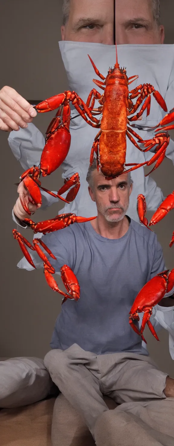 Image similar to jordan peterson holds lobsters in his hands and there are medical pills covering the floor