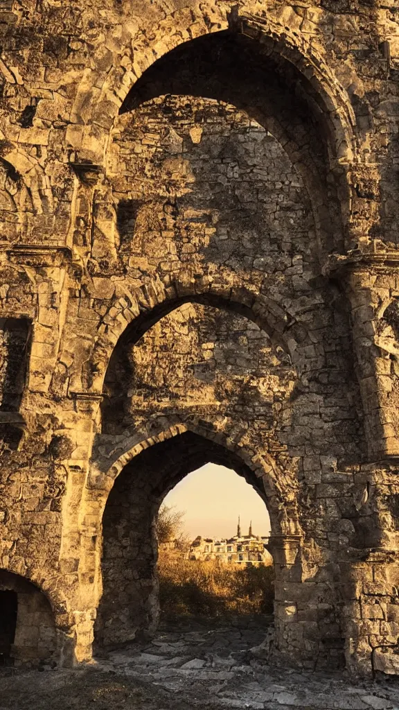 Prompt: ruined stone archway into a magical city, beautiful, intricate, detailed, golden light, movie frame, 8 k