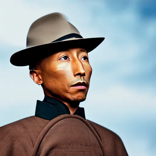 Image similar to cinematic film still Pharrell Williams starring as a Samurai holding fire, Japanese CGI, VFX, 2003, 40mm lens, shallow depth of field,film photography