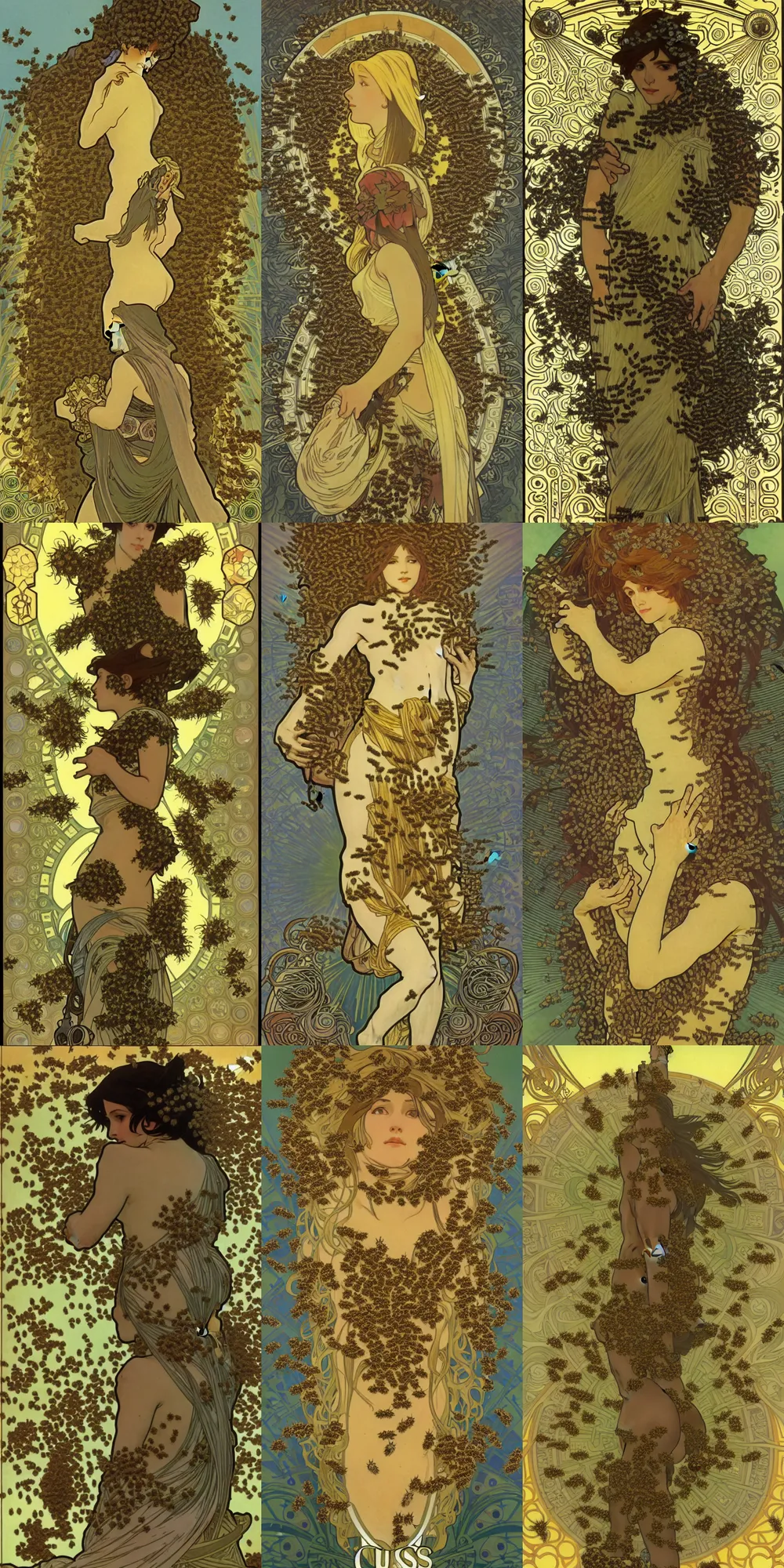 Prompt: screenshot, shadow of the colossus covered in bees, alphonse mucha