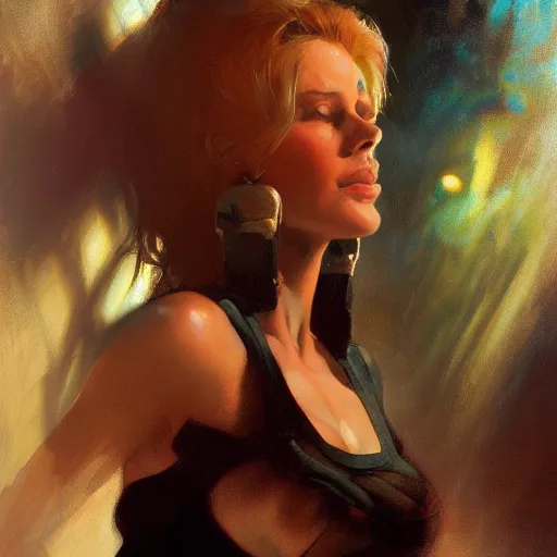 Image similar to kelly bundy, hyperrealistic full figure, bladerunner street alley, art of elysium by frank frazetta and by jeremy mann and by alphonse mucha, fantasy art, photo realistic, dynamic lighting, artstation, full figure poster, volumetric lighting, very detailed face, 4 k, award winning