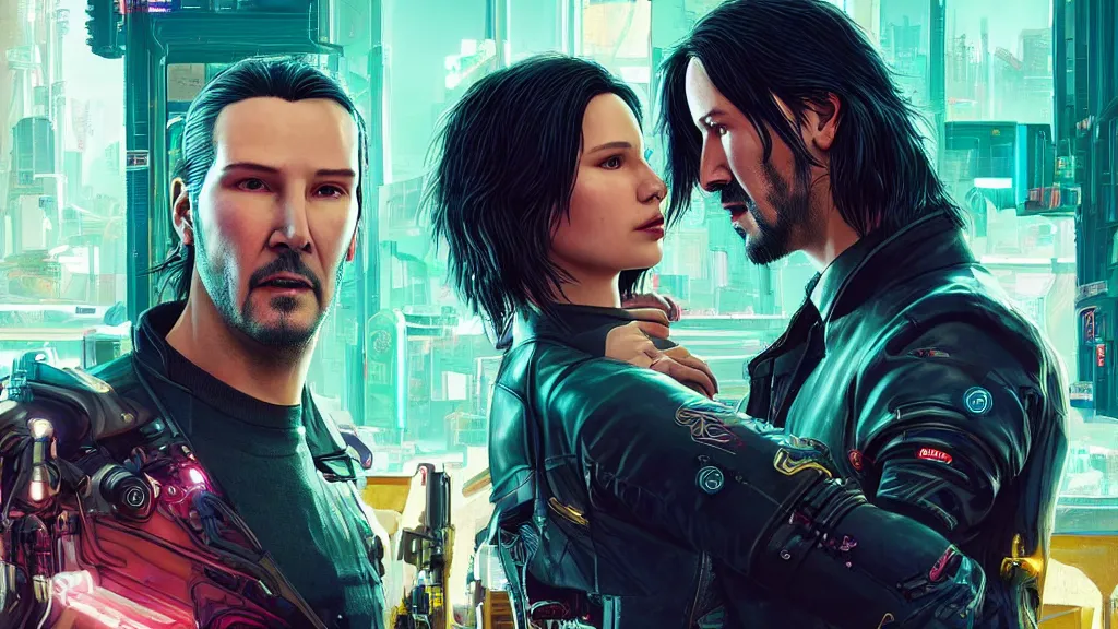 Image similar to a cyberpunk 2077 srcreenshot couple portrait of Keanu Reeves as johnny silverhand & female android in kiss,love story,film lighting,by Laurie Greasley,Lawrence Alma-Tadema,Dan Mumford,John Wick,Speed,Replicas,artstation,deviantart,FAN ART,full of color,Digital painting,face enhance,highly detailed,8K,octane,golden ratio,cinematic lighting