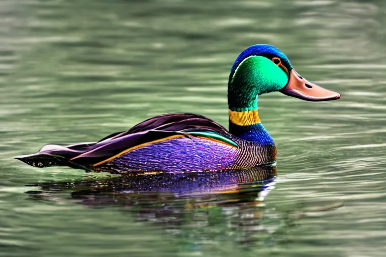 Image similar to a colorful fantasy mallard floating on a lake in the mountains, cascadia