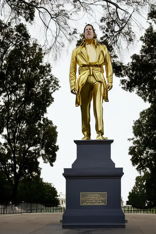 Prompt: A beautiful polished gold statue of Nicholas Cage in front of the White House, photo by Steve McCurry