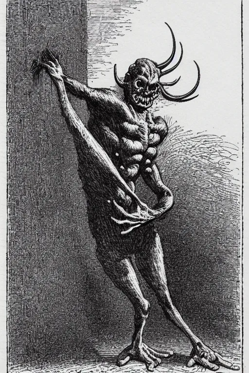 Image similar to the fresno nightcrawler, as a demon from the dictionarre infernal, pen - and - ink illustration, etching by louis le breton, 1 8 6 9, 1 2 0 0 dpi scan, ultrasharp detail, hq scan, intricate details, stylized border