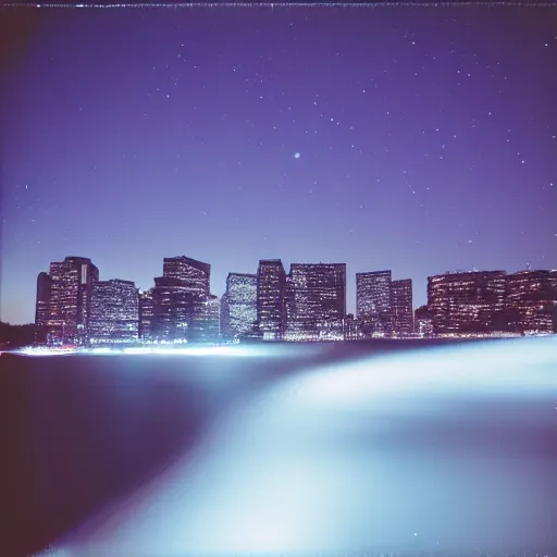 Image similar to long exposure night lansdscapes, 5 seconds shutter, Cinestill 800T