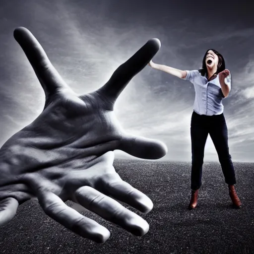 Prompt: giant hand coming out of the ground and grabbing a screaming woman 8k photograph-n 8