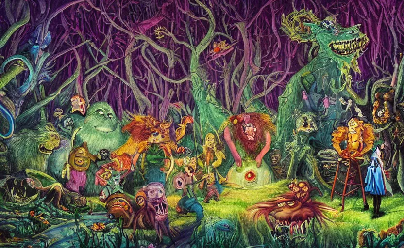 Image similar to a scene of colorful cartoon monsters in the clearing of a dark fantasy forest surrounded by darkness. hyperrealist illustration. muted colors. 1 9 7 0's pulp science fiction and fantasy cartoon for alice in wonderland and wizard of oz. highly detailed and richly colored painting by don ivan punchatz