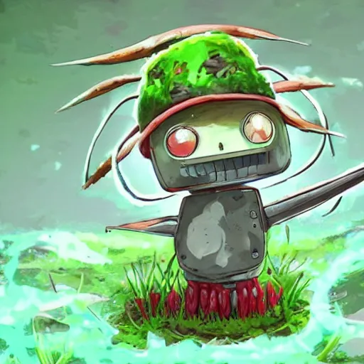 Image similar to cute robot made of plants wearing tomato hat and a chive sword, made in abyss style