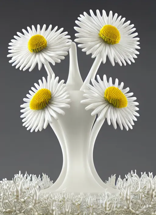 Image similar to perfume bottle standing in the center of a biomechanical white enchanted coral reef made of daisies in an ivory room well contoured smooth fair walls, up close shot, sharp focus, global illumination, radiant light, alexandre ferra white mecha, irakli nadar, octane highly render, 4 k, ultra hd,