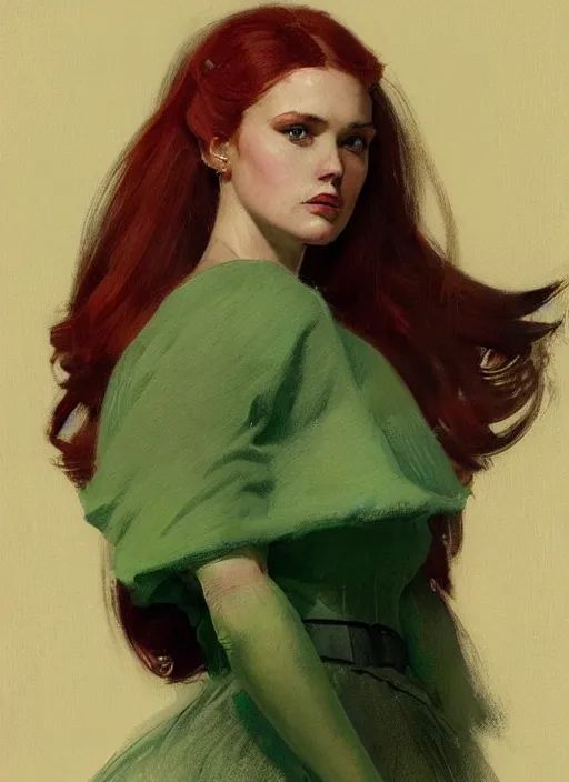 Prompt: a 1 9 6 0 portrait of a woman straight long red hair big nose and big sad eyes green / gray eyes by vibrant color scheme, intricately detailed, in the style of romanticism. artstation, greg rutkowski norman rockwell