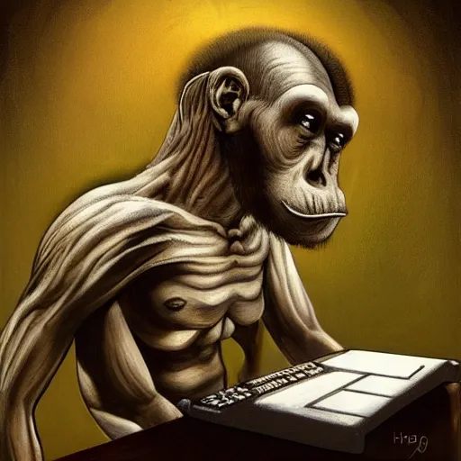 Image similar to Ape using steam computer in ancient time, more computer, less ape, highly detailed, highly realistic, artstation, by Hans Giger