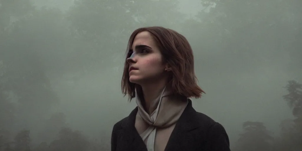 Prompt: portrait bust of emma watson, film grain, kodachrome, dense forest, long black hair, cloth, heavy fog, hudson river school, 4 k, dramatic lighting, sunrise, hayao miyazaki, masashi ando, nizou yamamoto, kazuo oga, joe hisaishi, yoji takeshige, naoya tanaka