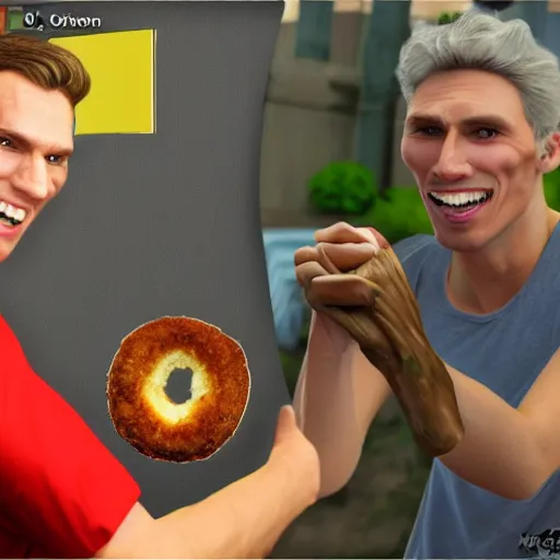 Image similar to jerma 9 5 3 2 1 pointing at jerma 4 5 8 7 saying onion ring, meme, realistic, hdr, clear image,