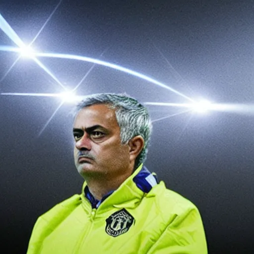 Prompt: jose mourinho jumping shooting lasers, in the sky, clouds, beautiful picture