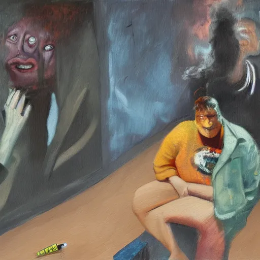 Image similar to wandering in sad childhood memories, smoking weed, mental health, derealisation, disconnected, oil painting, by francis bacon, emotional conflict, hd, 8 k, trending on artstation, paradoxal, perfect framing, neo - expressionism, expressive, masterpiece