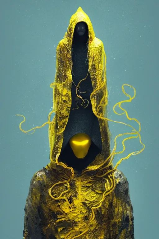 Prompt: a full body portrait of a mysterious character with no face with a very long hooded yellow cloak, a golden crown floating above his head tentacles coming out the ground art by maciej kuciara, lee griggs and jason chan, ominous, cosmic horror, trending on artstation, ultra detailed, hyper realistic 4 k