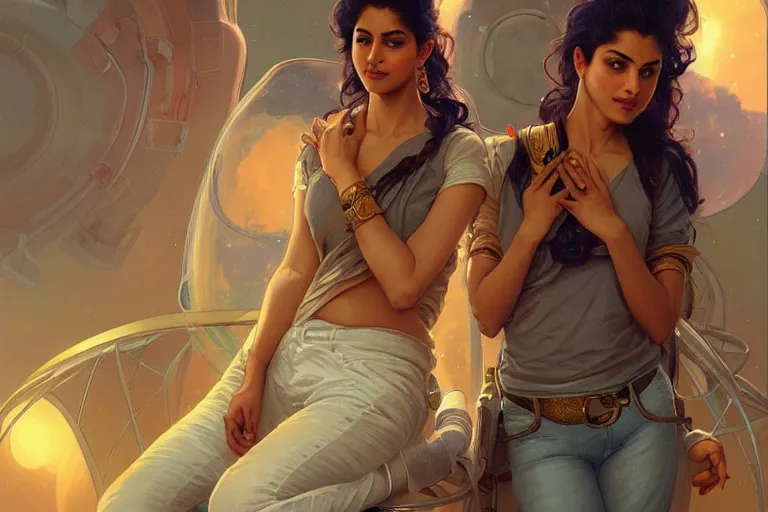 Image similar to Sensuous good looking pale young Indian doctors wearing jeans in a space station above Earth, portrait, elegant, intricate, digital painting, artstation, concept art, smooth, sharp focus, illustration, art by artgerm and greg rutkowski and alphonse mucha