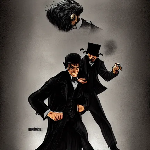 Prompt: sherlock holmes punching mr hyde, digital art, trending on artstation, 4 k