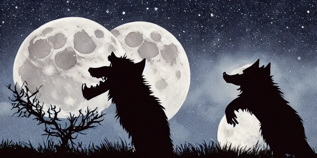 Prompt: a werewolf shouting at the moon in london, at night