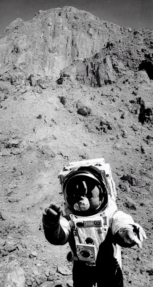 Image similar to astronaut taking a selfie with Jesus Christ at Golgotha, mountain of skulls in background, realistic old photo, coal dust, lumierre