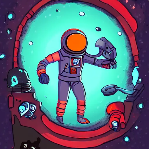 Image similar to astronaut game character in dark space quest, game art, splash art, 2d game
