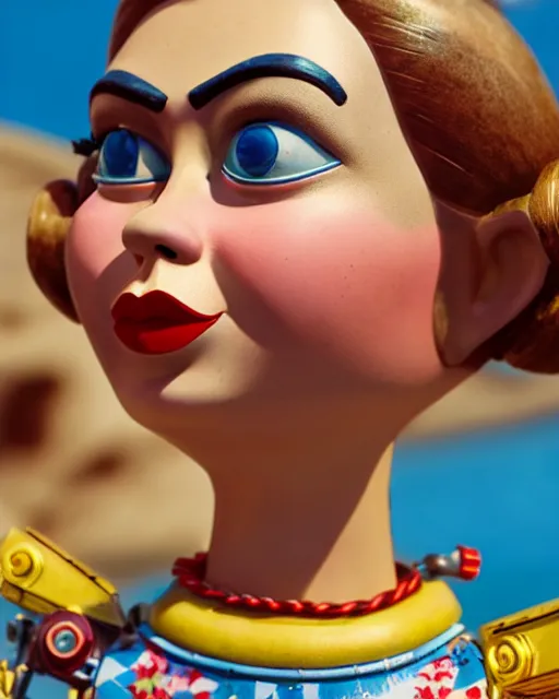 Image similar to highly detailed closeup, face profile portrait of a tin toy retro 1 9 5 0 s cara delevingne, bikini, unreal engine, max fleischer, global illumination, detailed and intricate environment