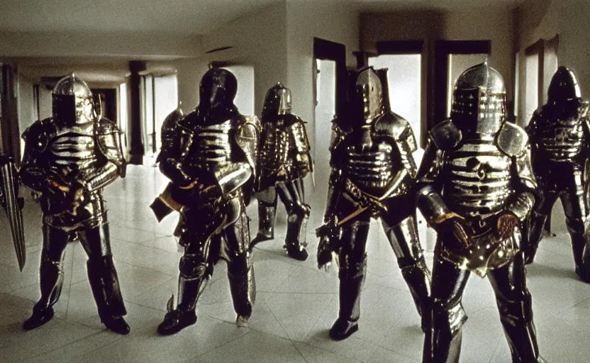 Prompt: Knights with heavy metal armor starring in the shining by stanley kubrick, shot by 35mm film color photography