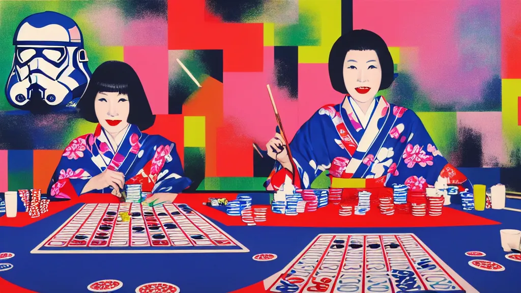 Prompt: woman in a japanese kimono sitting at an extremely detailed poker table with the startrooper, sake, donuts on the table, fireworks and stars on the background, by andy warhol, by roy liechtestein, canvas, acrylic paint, cool color palette, 4 k, ultra - hd