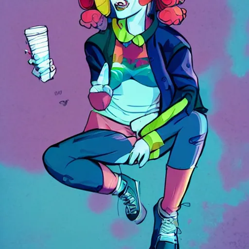 Image similar to julia garner as harley quinn as delirium of the endless, the sandman, rainbow clothes, clean cel shaded vector art. shutterstock. behance hd by lois van baarle, artgerm, helen huang, by makoto shinkai and ilya kuvshinov, rossdraws, illustration