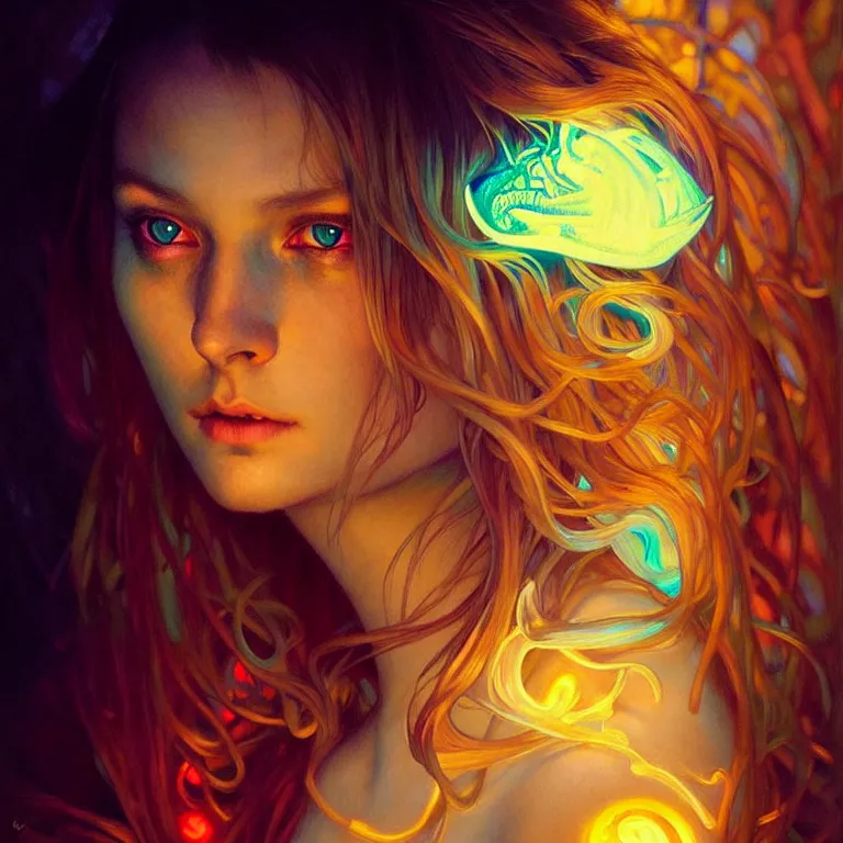 Image similar to bright asthetic portrait LSD glowing backlit, fantasy, intricate, elegant, dramatic lighting, highly detailed, lifelike, photorealistic, digital painting, artstation, illustration, concept art, smooth, sharp focus, art by John Collier and Albert Aublet and Krenz Cushart and Artem Demura and Alphonse Mucha