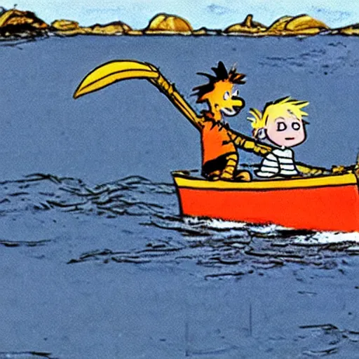 Prompt: calvin and hobbes sailing thier yacht