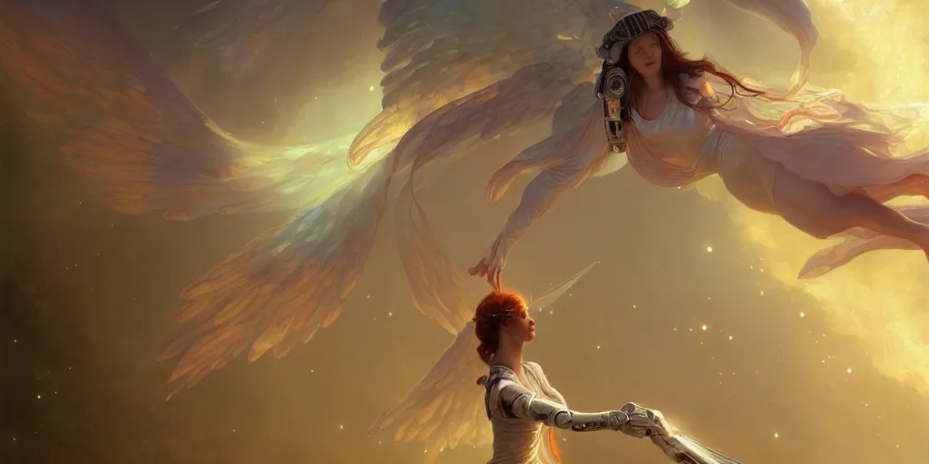 Image similar to robotic angel falling from heaven, girl, beautiful, intrinsicate detail, 4 5 degree angle, la creazione, cosmic clouds, unreal engine, redshift, sword, highly detailed, digital painting, artstation, concept art, sharp focus, illustration, art by greg rutkowski and alphonse mucha