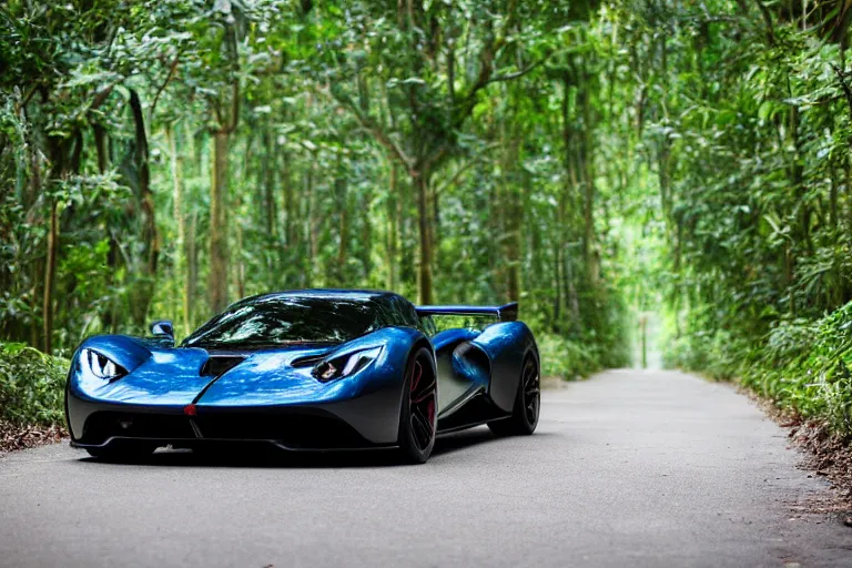 Prompt: a sleek hypercar sitting in a dense jungle, clear focus, bokeh effect, high res, hasselblad, dslr, professional, cinematic