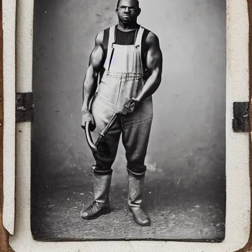 Prompt: Photo of a large muscular African American man wearing overalls and holding a huge hammer, 1860 photograph