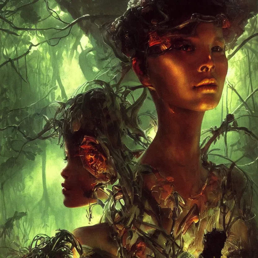 Image similar to a close - up dark sci - fi portrait of a angelic alien nymph girl in a jungle. reflective textures. glowing fog in the background. highly detailed science fiction painting by norman rockwell, frank frazetta, and syd mead. rich colors, high contrast, gloomy atmosphere, dark background. trending on artstation